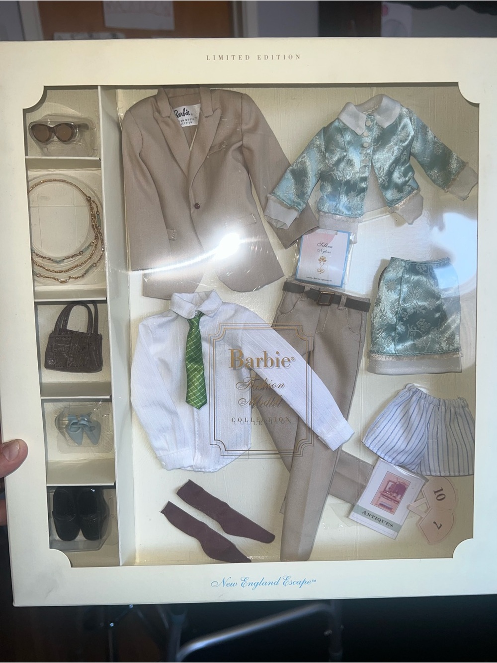 Vintage Barbie Limited Edition Beige Suit with Aqua Brocade Jacket & Green Tie